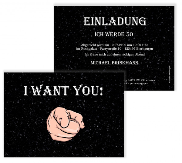 Lustige Geburtstagseinladung Motiv I want you. Mit Wunschtext.