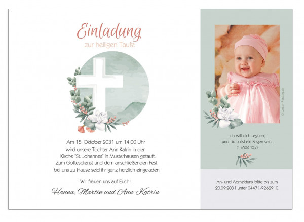 Taufeinladung Motiv Florales Kreuz. Mit Wunschtext und Babyfoto (geht auch ohne Foto).