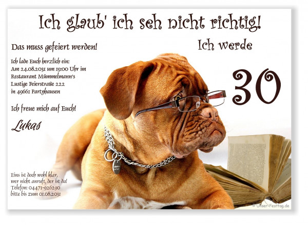 Digitale Datei mit Wunschtext. Lustige Geburtstagseinladung Hund mit Brille. In jedes Alter änderbar.